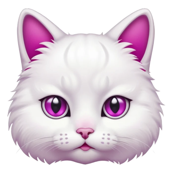 White cat, sad face, tear drop below one eye, magenta eyes, black background, cute cartoon style sticker