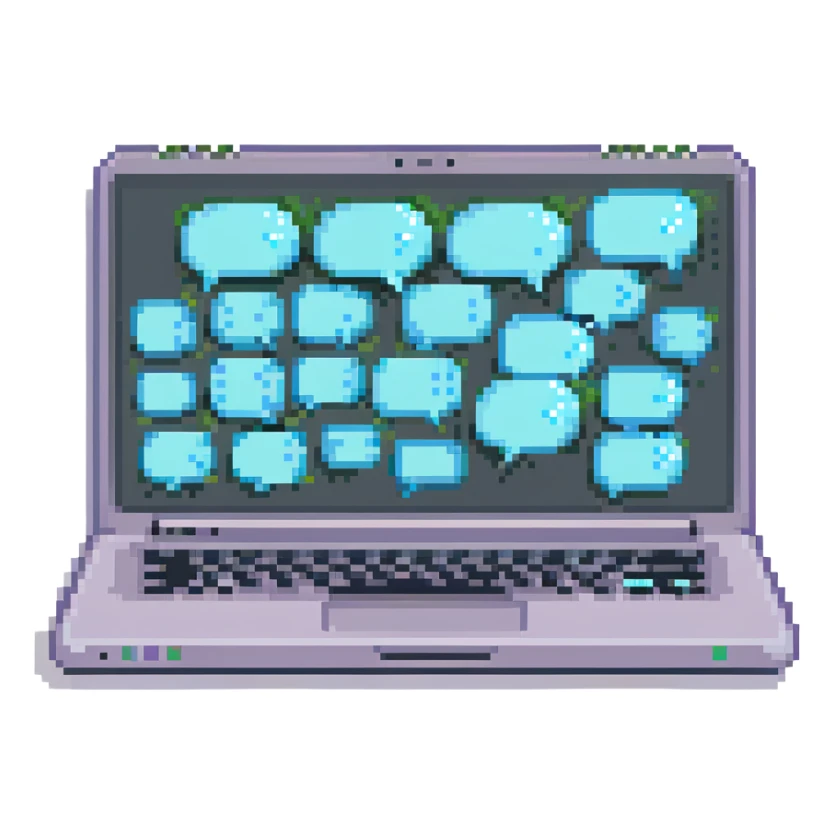 pixel art of a laptop with a glowing screen and chat bubbles, symbolizing AI chat sticker