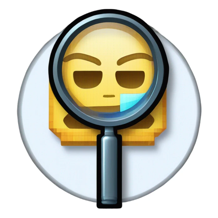 logo in a pixel art style featuring a magnifying glass as the central element. Inside the circular lens of the magnifying glass, place a pixelated letter 'A' sticker