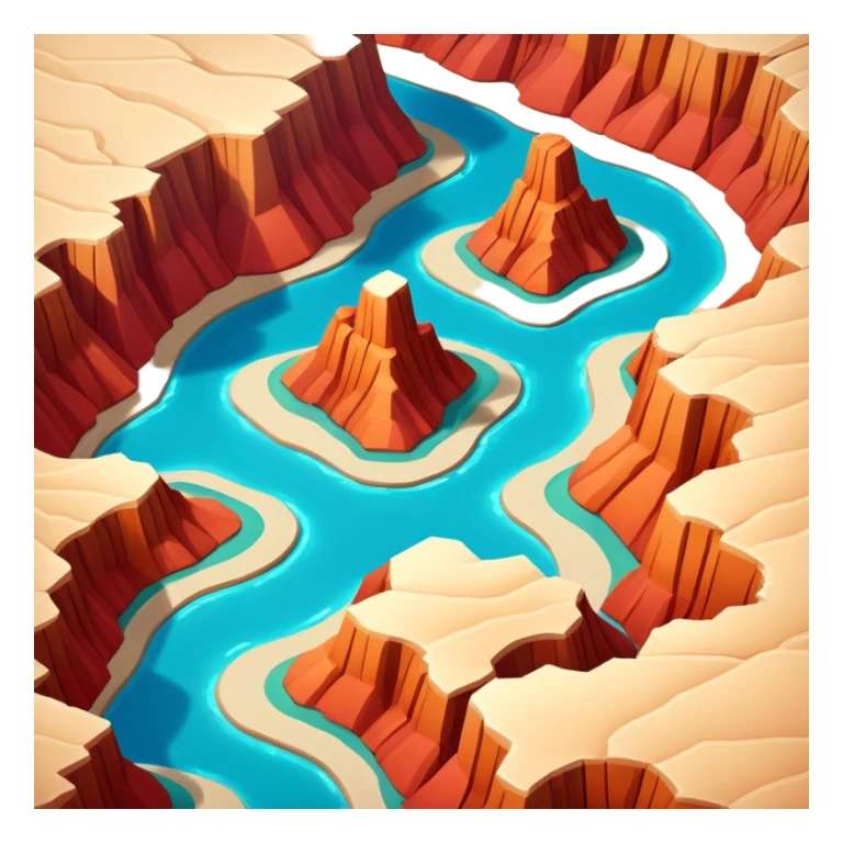 Brown and beige and red-orange canyon, 3D isometric realistic, with blue-green river sticker