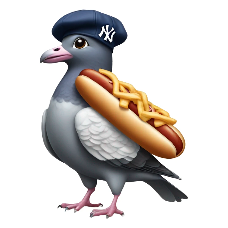pigeon wearing New York yankee hat while standing on a hotdog sticker