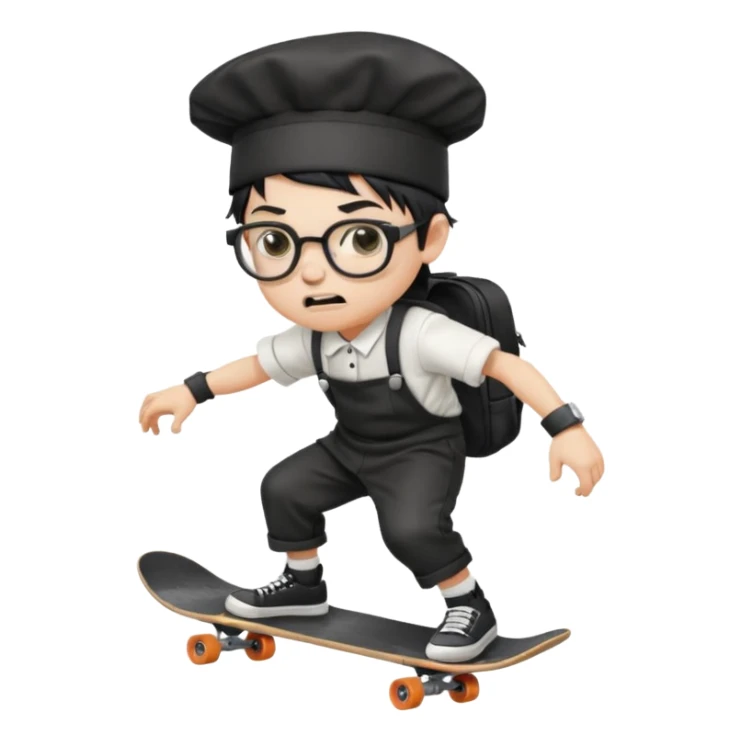 ["An angry boy  wearing a chef hat and square glasses, dressed in goth fashion, is skateboarding while holding a backpack."] sticker
