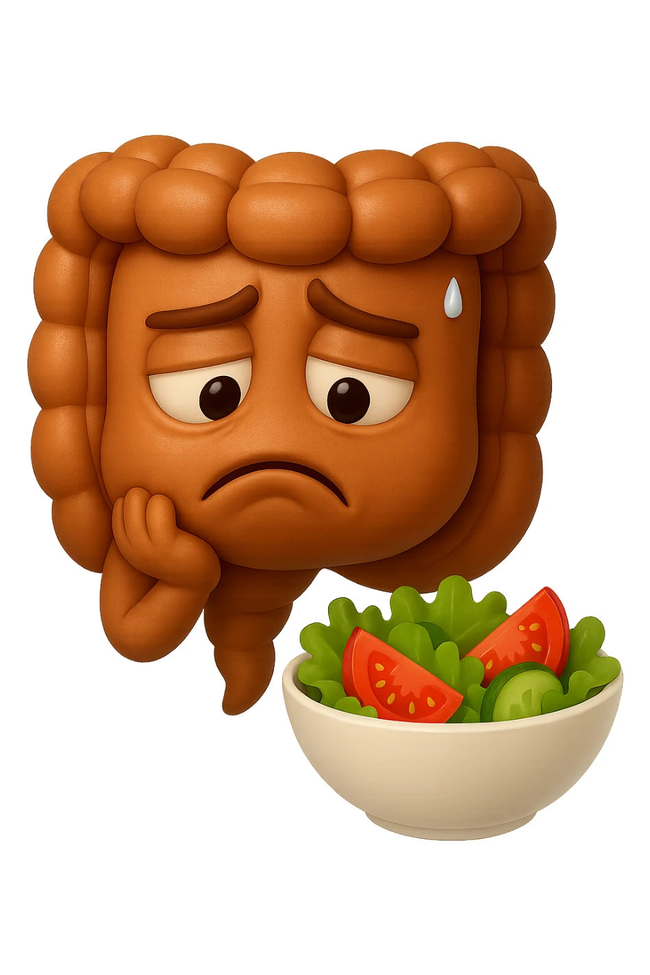 EMOJI STILE IPHONE DI UN INTESTINO UMANO ANATOMICO CHE GUARDA UN INSALATA CON ESPRESSIONE TRISTE E RASSEGNATA IN VOLTO: SOFFRE LA FAME PERCHé è A DIETA, FAGLI ANCHE LA PARTE BIANCA DEGLI OCCHI, NON SOLO LE PUPILLE, IPERREALISTICO 4K sticker