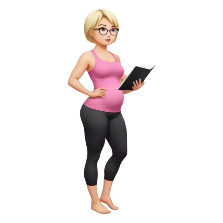 Full body view from the side, fair skinned woman, curvy, short blond hair, small reading glasses, cooking dinner in kitchen, pink loose tank top, showing natural B cup breast shape SFW, black yoga pants, large curvy booty sticker