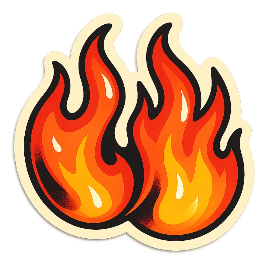 retro sticker style illustration of a double flame, two flames side by side, bold outlines, expressive shadows, glossy highlights, lively and dynamic flames sticker