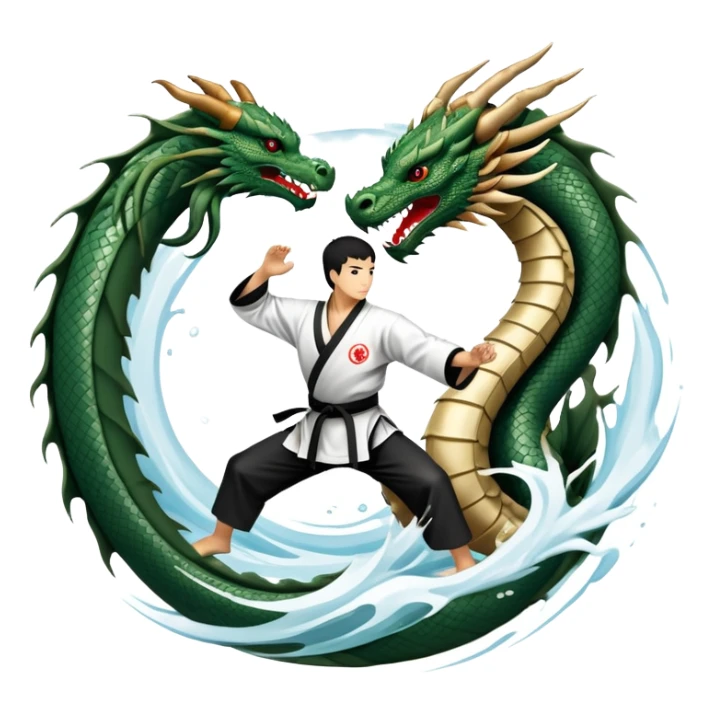 An icon symbolizing Eastern martial arts in the style of an emblem, featuring a black-and-white Yin-Yang symbol at the center and a powerful dragon wrapping around it. A martial artist is performing a fluid kick, surrounded by elements like a dojo and bamboo. Transparent background sticker