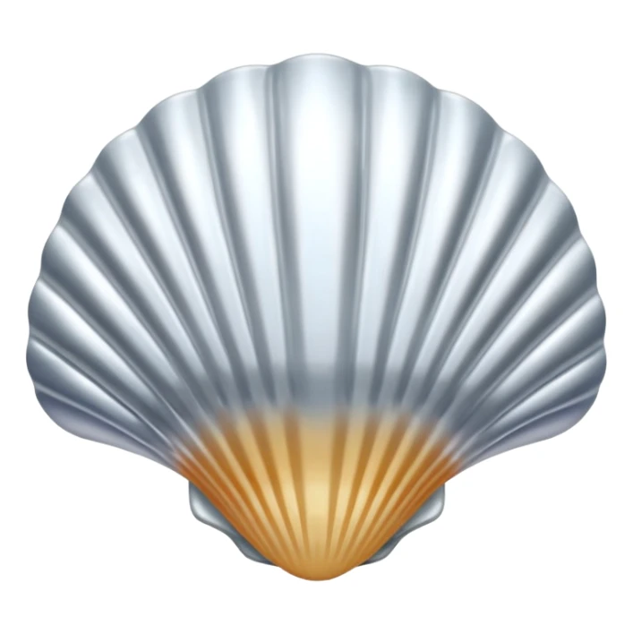 A seashell emoji made of polished silver chrome, smooth curved surface, reflective metallic highlights, elegant minimal design, iOS emoji style, centered, clean white background, soft lighting sticker