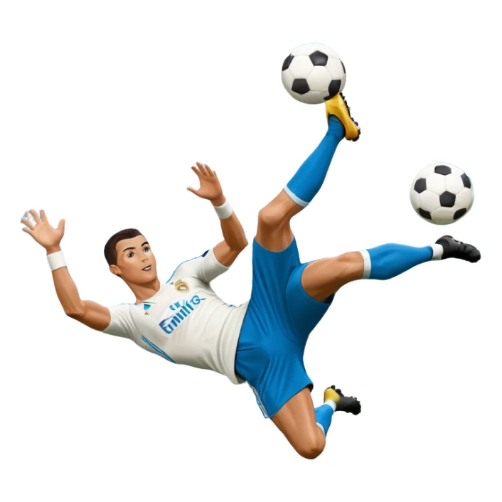 Ronaldo doing a bicycle kick with football in mid air While wearing a Retro blue Real madrid kit and yes i want it to be exactly the same as he Scored it in 2018 vs Juventus  sticker