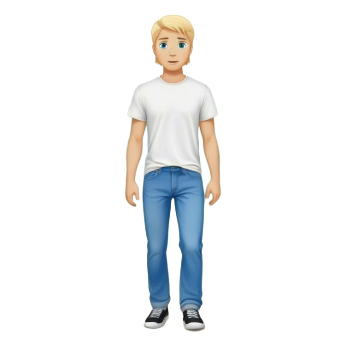 A cinematic realistic blond man with blue eyes, dressed in wide jeans and a T-shirt, walks against a background of trees sticker