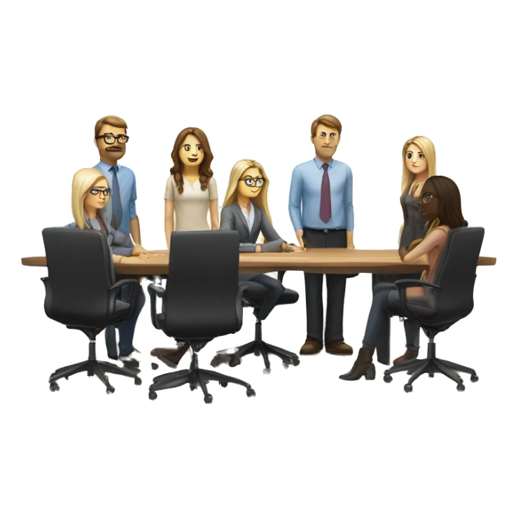 meeting table with 6 people seated two men, both width buzcuts and glases, two blonwimen with long hair, two brownhaired women with long hair and one brown haired woman with short hair sticker