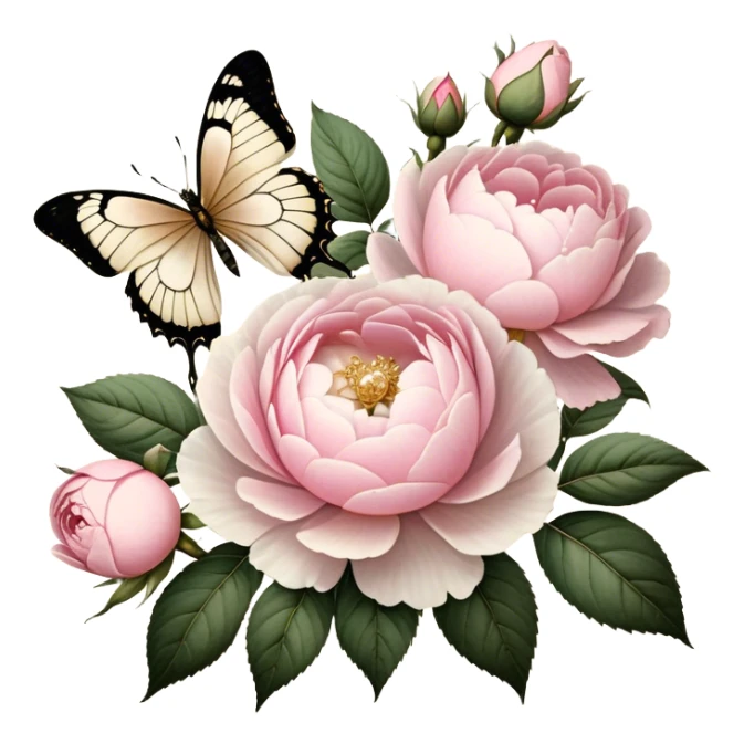 A vintage-inspired botanical illustration on aged parchment, featuring meticulously hand-drawn soft pink roses and lush white peonies with golden ink accents, while a pearl butterfly appears as if painted delicately onto the page.
 sticker