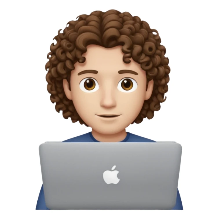 guy with curly hair and skin tone a little bit white, with a macbook sticker