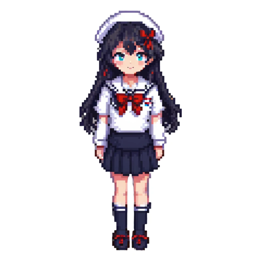 Japanese anime schoolgirl with classic sailor uniform in pixel art style sticker