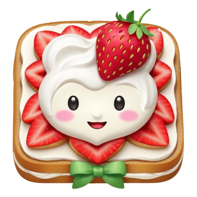 square toast topped with fluffy white cream, decorated with a strawberry bow made from two strawberry halves and a small sliced center, bright red and glossy, Clean soft shading, kawaii emoji style, centered object, no plate, no background, high detail, pastel tone sticker