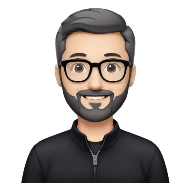 Fair-skinned man with short black hair styled upward, short graying beard, large black-framed glasses, smiling, wearing black long sleeve shirt with zip at neck sticker