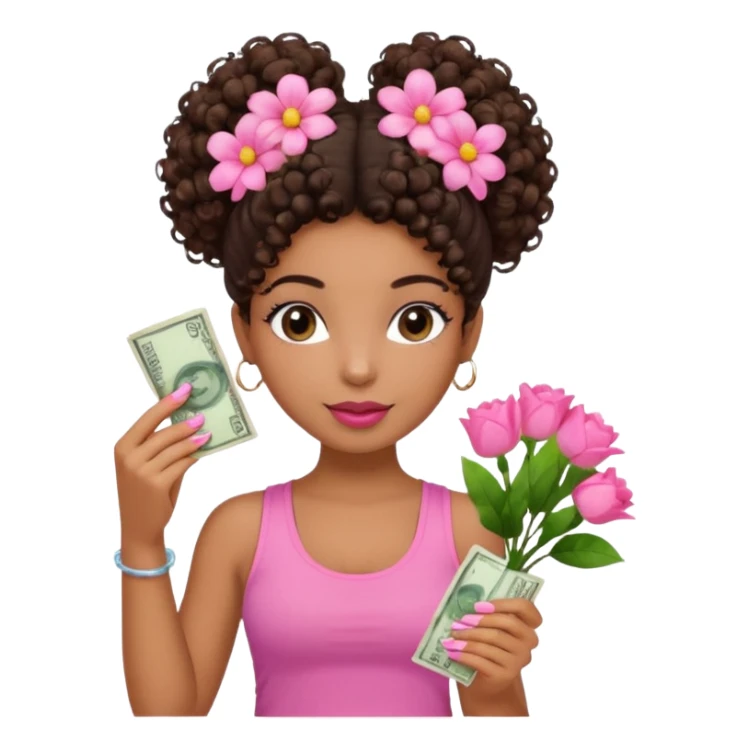 Uma menina com o cabelo cacheado com um Coque com baby hair, morena, e com uma regata rosa com um gloss na frente da regata ,com unha em gel,e com dinheiro na mão ,e com flores na outra mão,  sticker