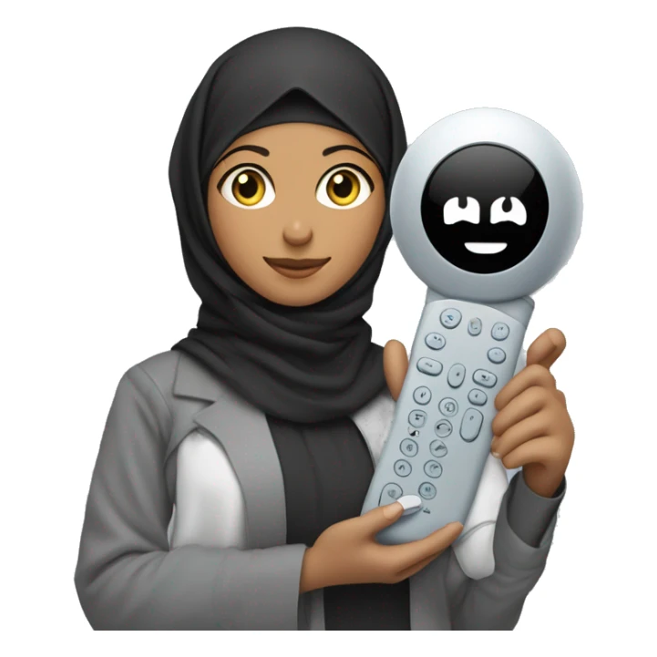 Hijabi girl holding  anki remote in one hand, computer  in the other hand  sticker