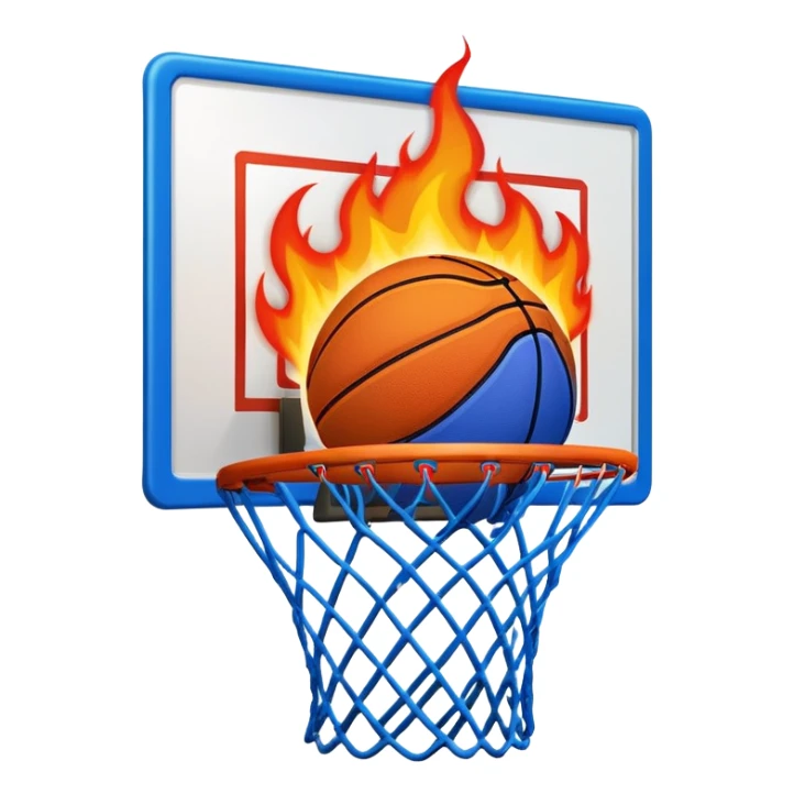Blue basketball with flames effect passing through net, dramatic sports moment, iOS emoji style sticker