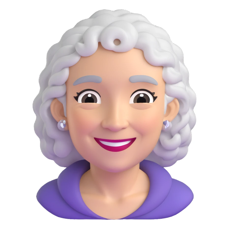 older lady with silver curly hair smiling sticker