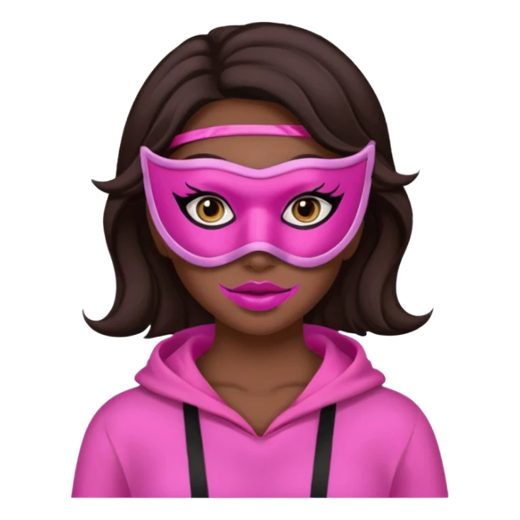 chica de pelo marron oscuro con mascarilla rosa y ropa rosa y makeup sticker