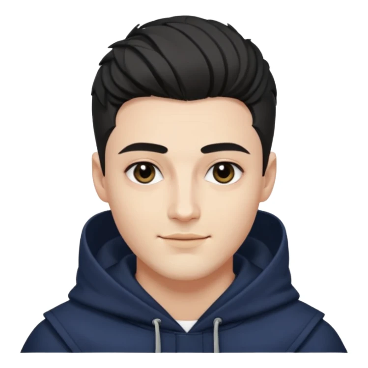 A handsome man with fair complexion. masculine, roman, slightly crooked nose. Thick triangular eyebrows. Hooded eyes and black pupils.  smily lips with a heavy top lid. kpop haircut sticker