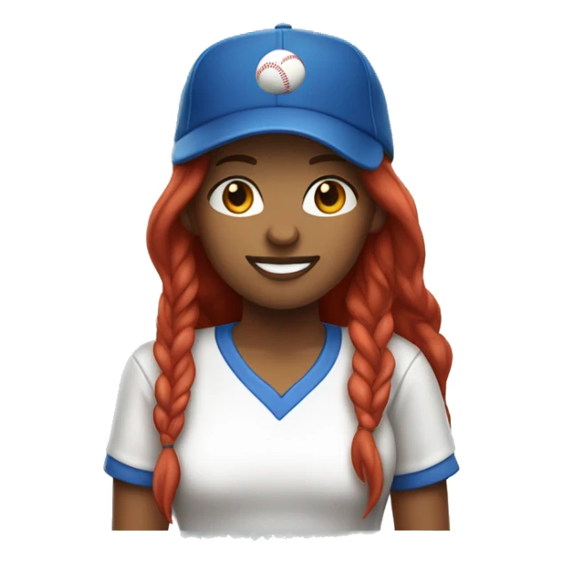 front facing standing up female coach with long red hair, wearing a white t-shirt and a simple baseball blue hat sticker