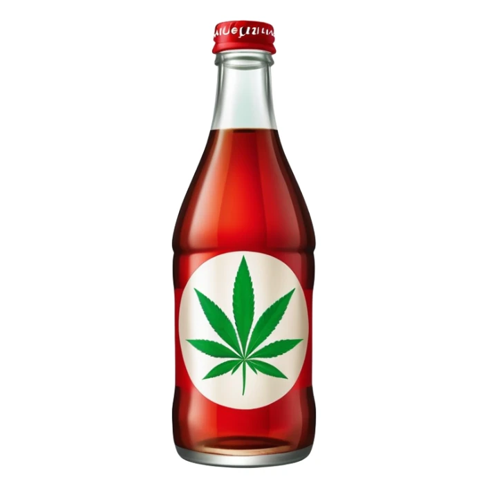 iconic curved Coca-Cola style glass bottle in red with a green cannabis leaf printed on it sticker