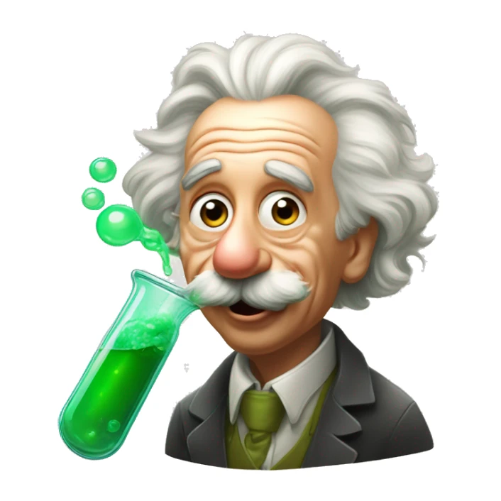 Albert Einstein tongue out.He next a with conical flask next to him with bubble green liquid inside that is smoking.The art style is in Pixar style sticker
