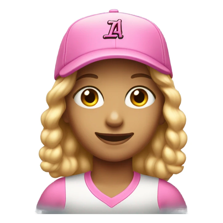 smiling girl in baseball pink cap with "LA" on c sticker