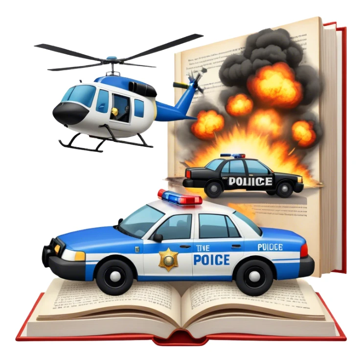 Icon for Action & Crime Reading: an open large book with text on the pages, a police car is driving out, with explosions behind, a helicopter flying above, a pistol with bullets in the front. The icon should capture the thrilling action and suspense of crime stories. Transparent background. sticker