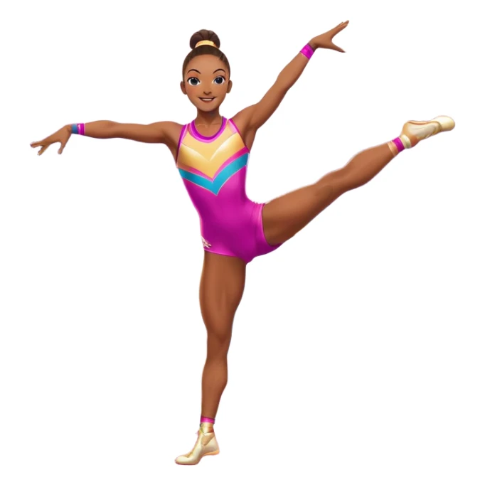 A professional gymnast performing a dynamic aerobic routine, dressed in a vibrant workout outfit. The gymnast is mid-jump, arms extended gracefully, with one leg lifted in a high kick. The background features a spacious fitness studio with mirrors, colorful mats, and energetic lighting.  sticker