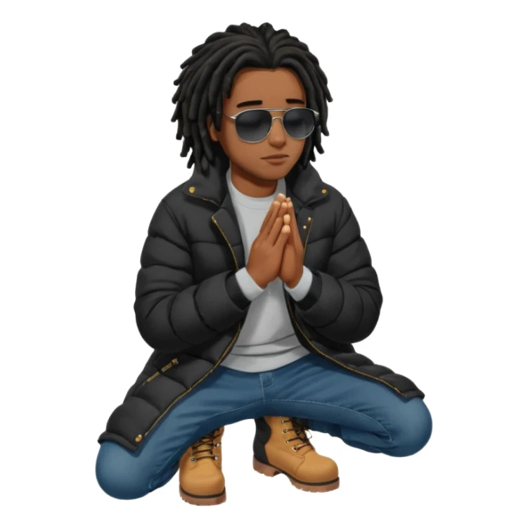 African American man brown skin complexion with black dreadlocks shoulder length wearing black bubble winter coat wearing black sunglasses with denim skinny jeans and timberland boots kneeling in prayer sticker