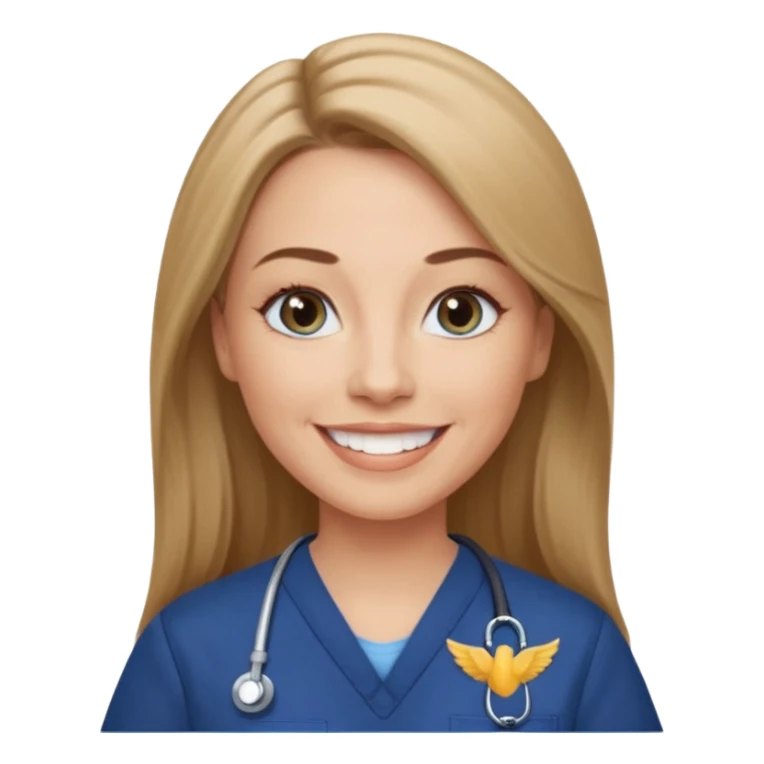 middle aged woman with long, straight light brown / dark blonde hair, grey-blue eyes, winged eyeliner, natural makeup, wearing navy blue scrub top, smiling with teeth showing sticker