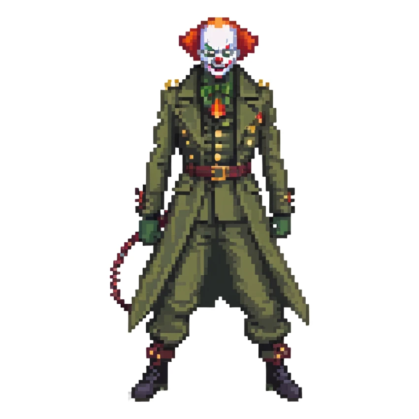 evil clown soldier, bald, small black horns on forehead, fangs, pointed ears, eye patch over one eye, long coat over black and military green clothes with bellbottom pants, tail, holding a whip, no knife, realistically proportioned, less bulky, full body, fighting stance sticker