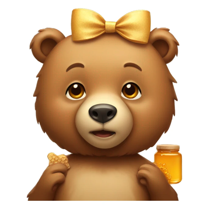 cute brown bear, beige bow on head, holding honey sticker