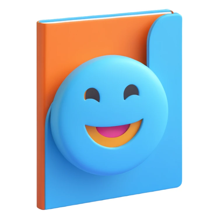 sky blue notebook with a smiling face, 3D emoji style sticker