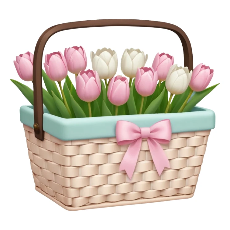 A white Picnic basket with light pink bow, white peonie, tulips sticker