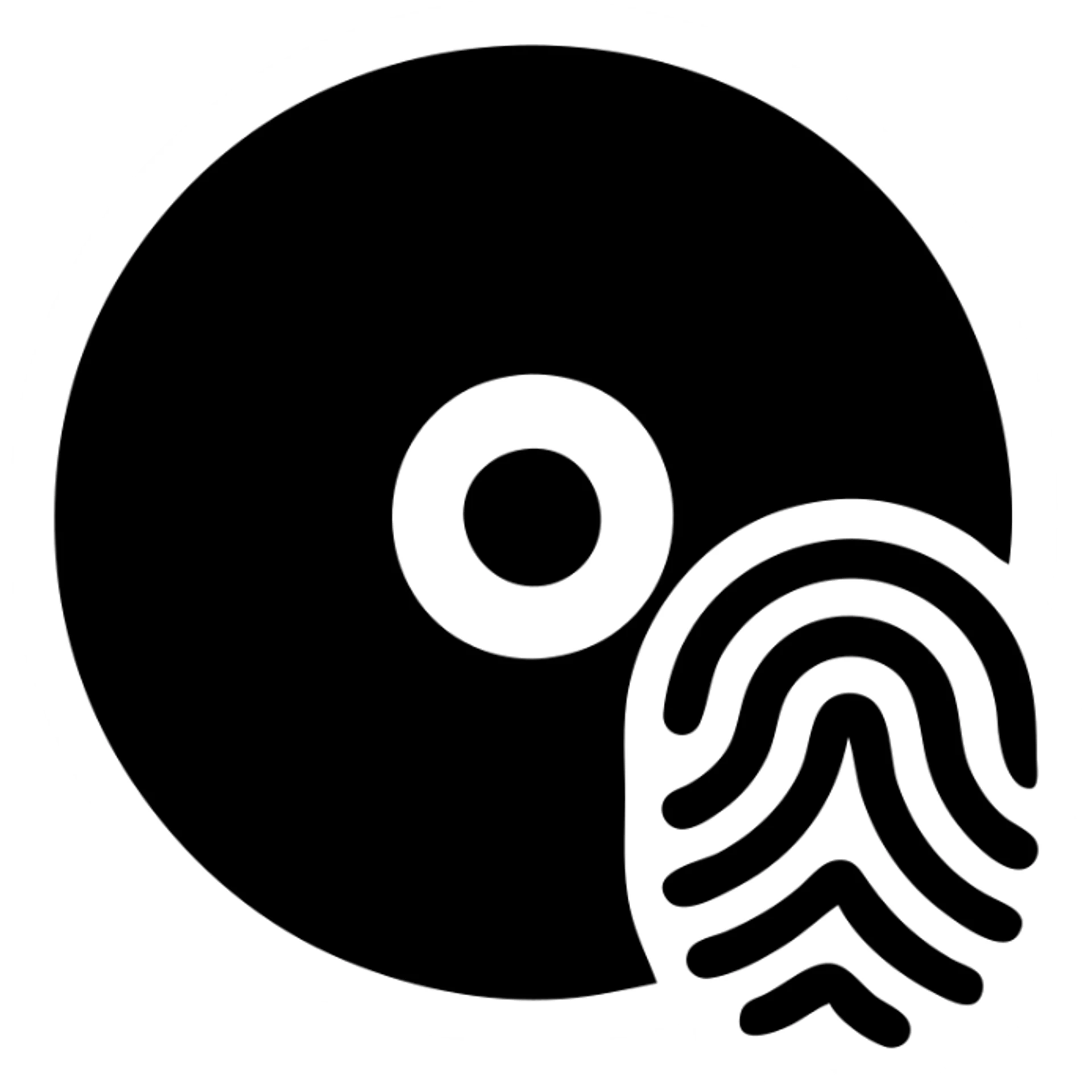 A CD disc in a black filled icon style, with a fingerprint. sticker