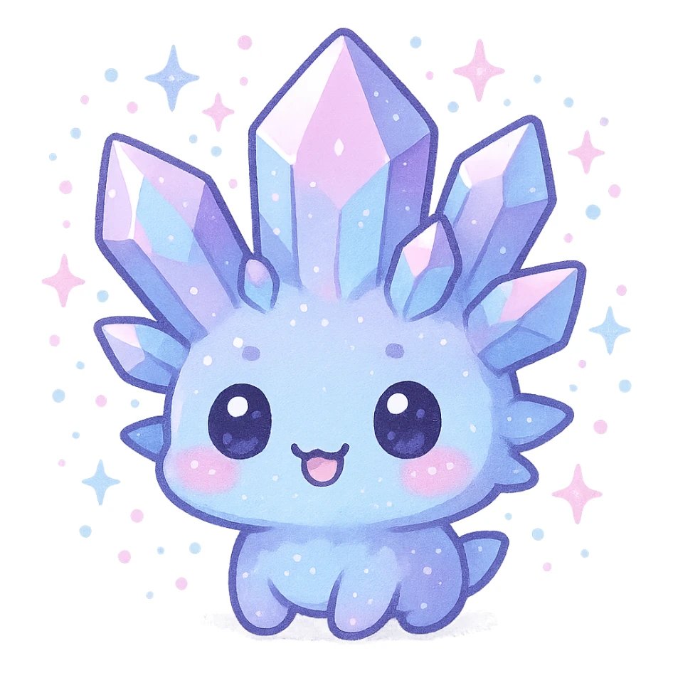 kawaii chibi crystal sprite creature, pastel purple and blue, pink highlights, magical aura, chibi face sticker
