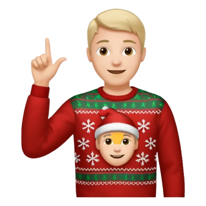 A guy pointing up with one hand and he has a christmas sweater sticker