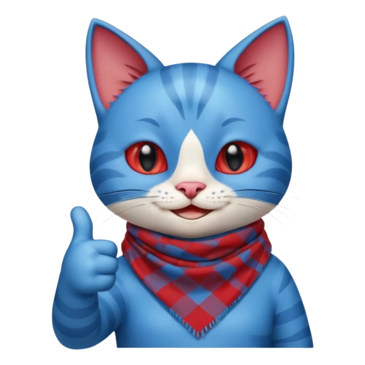 A Cute Blue Cat smiling and giving thumbs up, wearing red Checkered Triangle scarf sticker