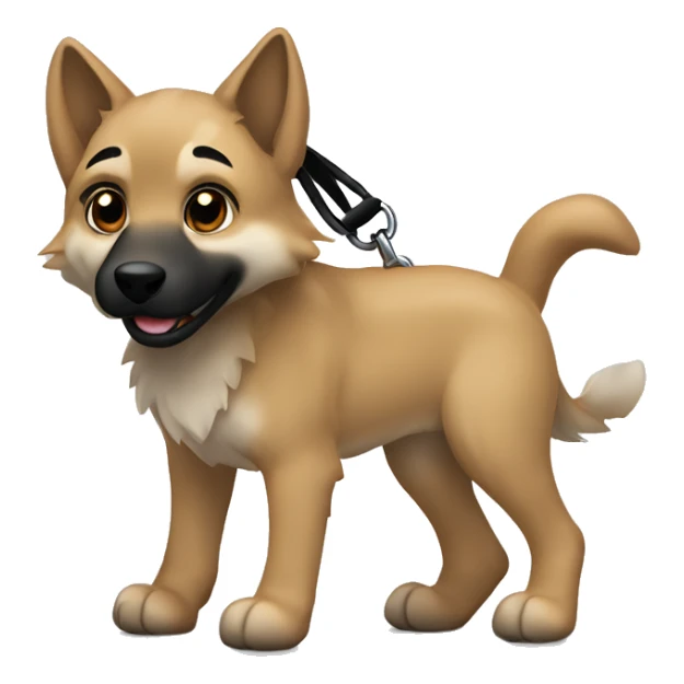 4 short legs a light brown puppy-like wolf with black  ears with black leash  is walking sticker