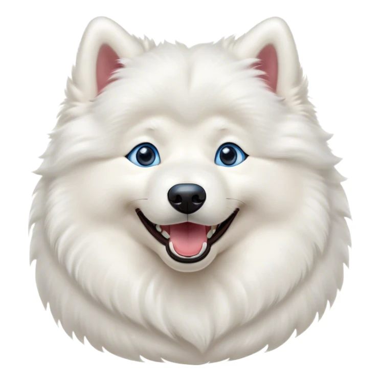 Cinematic Comical Samoyed Portrait Emoji, Head tilted dramatically with an exaggeratedly amused expression, featuring a striking, fluffy white Fur with a radiant sheen, wide, expressive blue eyes filled with playful disbelief, Simplified yet hilariously expressive features, highly detailed, glowing with a slightly sassy glow, high shine, dramatic yet playful, stylized with an air of cheeky mischief, bright and endearing, soft glowing outline, capturing the essence of a spirited and over-the-top companion, so meme-worthy it feels like it could side-eye its way into internet fame instantly! sticker