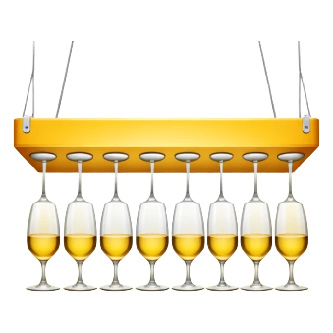 A row of hanging wine glasses upside-down under a yellow light shelf
 sticker