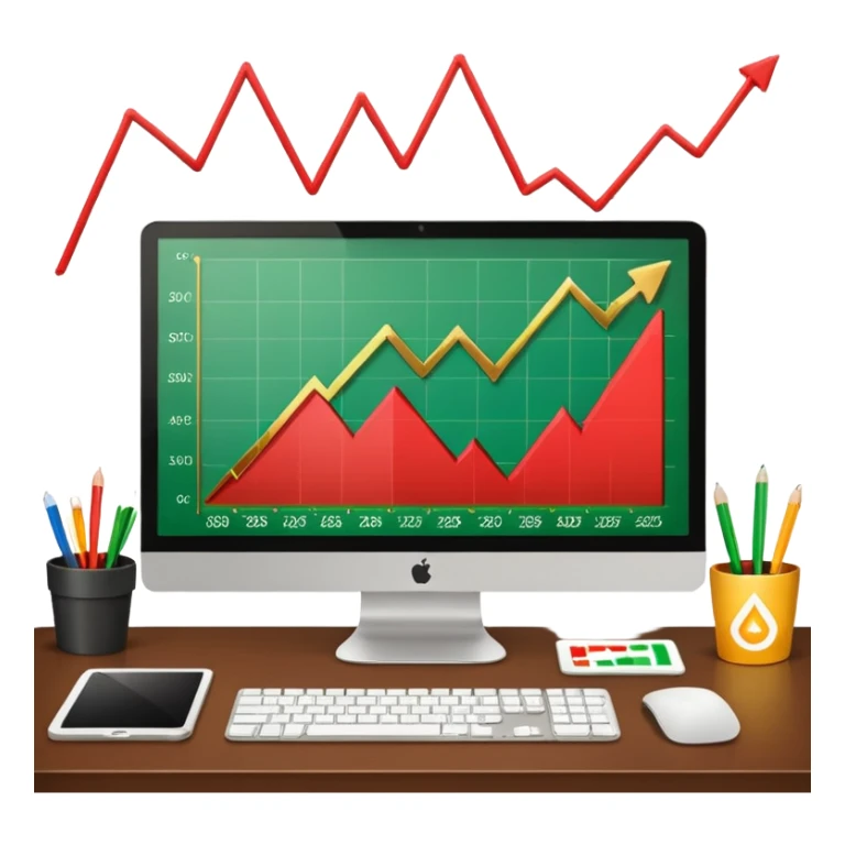 Mach mir einen schreibtisch mit einem bildschirm drauf wo mann einen Chart sieht von Gold sticker