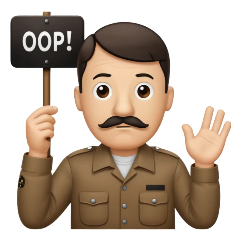 Adolf Hitler as a Mr. Men character, funny and cartoonish, with a small mustache and a confused expression, wearing a brown shirt and holding a sign that says 'Oops' sticker