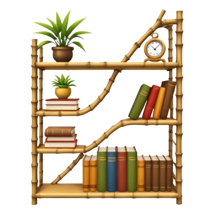 Twisted bamboo shelving unit with books and decorative items sticker