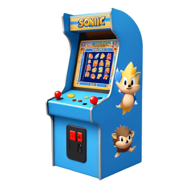 An icon showing a retro arcade screen with pixelated characters like a speedy hedgehog Sonic jumping and collecting coins. The game environment includes obstacles, power-ups, and vibrant colors, evoking the excitement and nostalgia of classic arcade games. transparent background. sticker