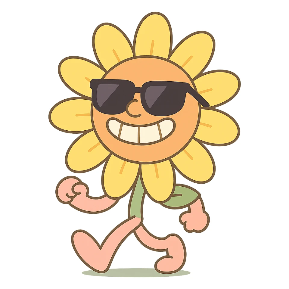 bright pastel yellow sunflower with large sunglasses, grinning proudly while strutting, round body, exaggerated confident face, pastel-toon style sticker