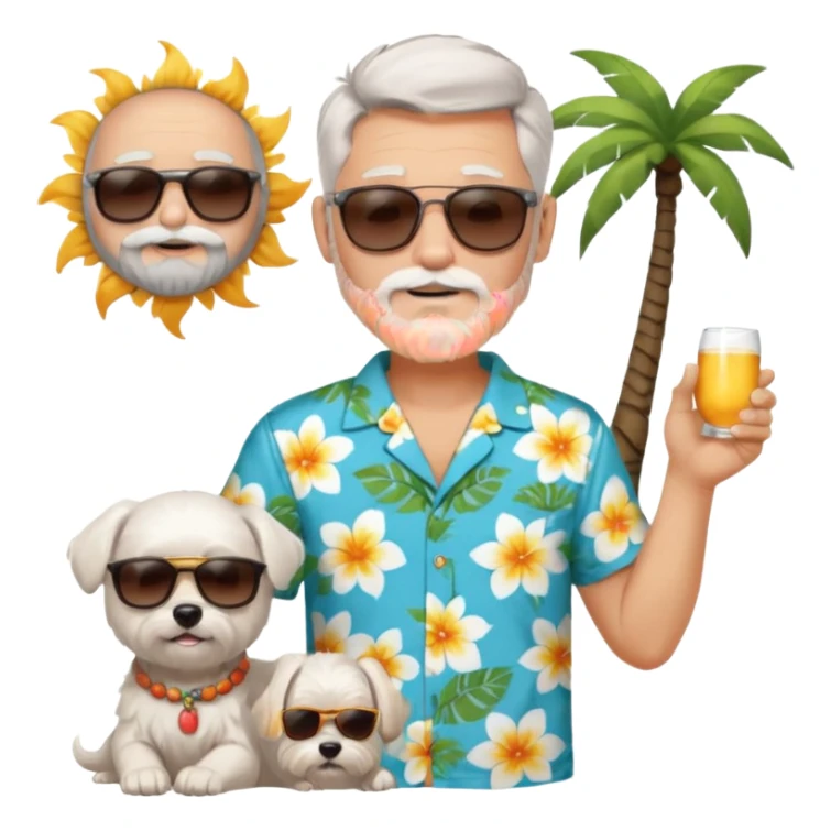 white man grey hair beard holding a white Maltese relaxing on a beach full body 1 dog sticker